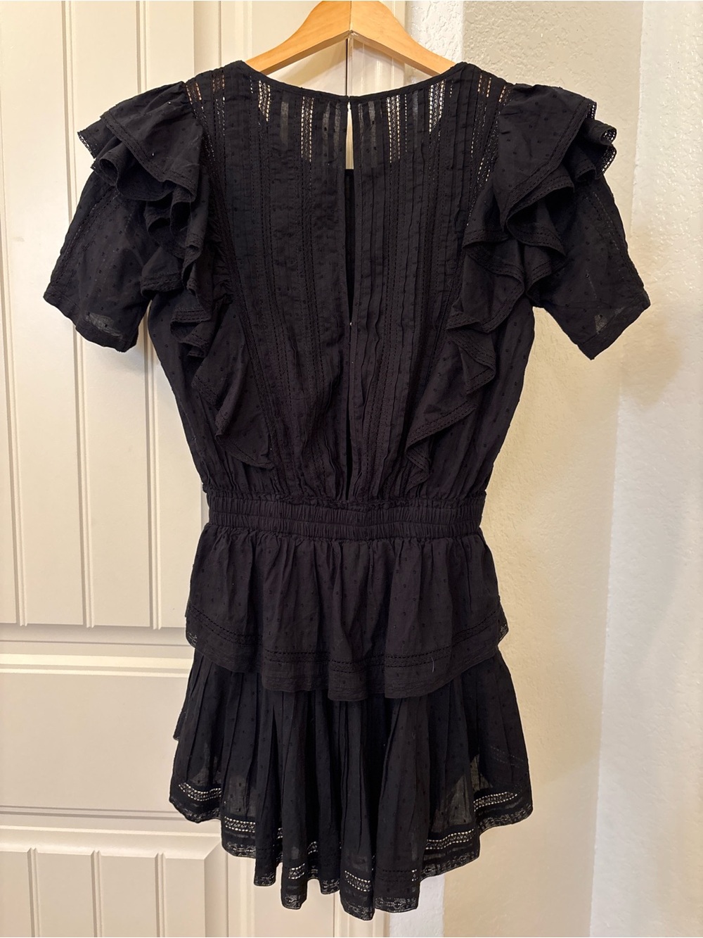 LoveShackFancy Black Cotton Ruffle Romper Short Sleeve Crew Neck Size S - Picture 2 of 3